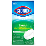 Front-facing Clorox Bleach toilet tablets product box showing brand logo, tablet image and descriptive text on green-blue background