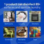 Graphic showing uses for one product: bathrooms, laundry, kitchens, outdoors, pet items and toys