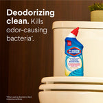 Clorox Clinging Bleach Gel bottle sitting on a toilet tank with text reading deodorizing clean and kills odor-causing bacteria