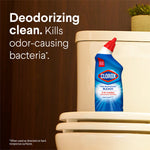Clorox Rain Clean toilet bowl cleaner bottle shown on a toilet tank with text about deodorizing clean