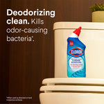 Clorox Clinging Bleach Gel bottle sitting on a toilet tank with text 'Deodorizing clean. Kills odor-causing bacteria.'