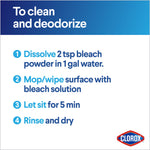 Usage instructions titled 'To clean and deodorize' listing steps to dissolve bleach powder, mop/wipe, let sit five minutes, then rinse.