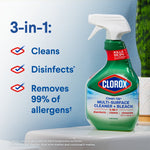 Single Clorox Clean-Up multi-surface spray bottle on a countertop with text calling out 3-in-1 cleans, disinfects, removes allergens.