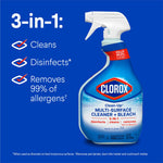 Clorox Clean-Up bottle on blue background with text highlighting 3-in-1: cleans, disinfects, removes 99% of allergens.