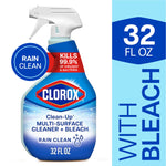 Front-facing Clorox Clean-Up spray bottle labeled Multi-Surface Cleaner + Bleach with rain clean badge and 32 fl oz panel.
