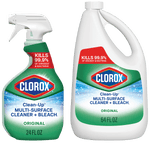 Two Clorox Clean-Up multi-surface cleaner bottles - spray bottle and 64 fl oz refill jug with green label and Clorox logo