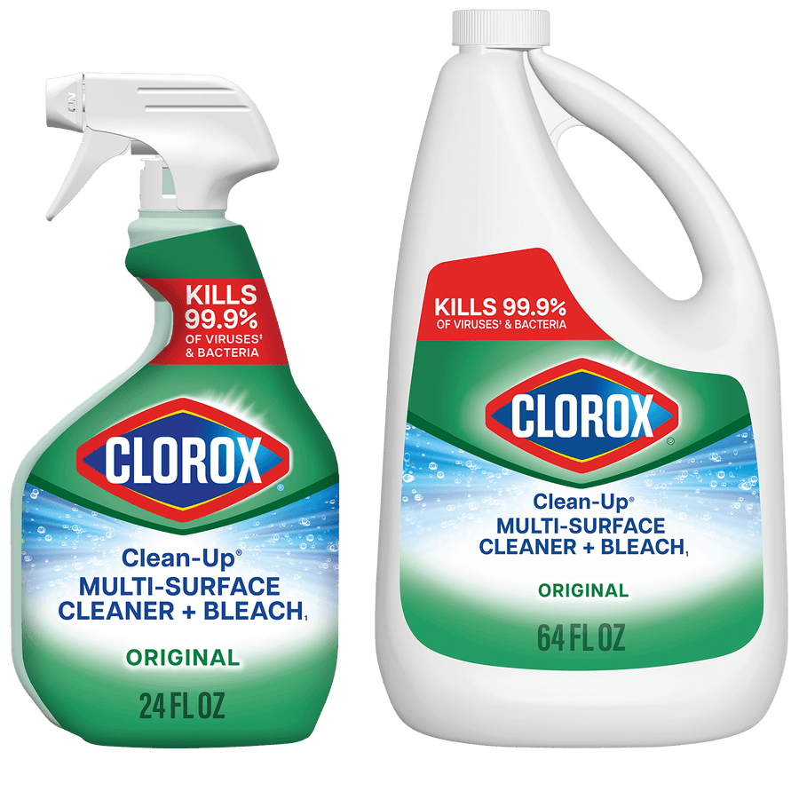 Two Clorox Clean-Up multi-surface cleaner bottles - spray bottle and 64 fl oz refill jug with green label and Clorox logo