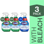 Three Clorox Clean-Up multi-surface spray bottles (two green original, one blue rain clean) with a green 3-pack banner at right.