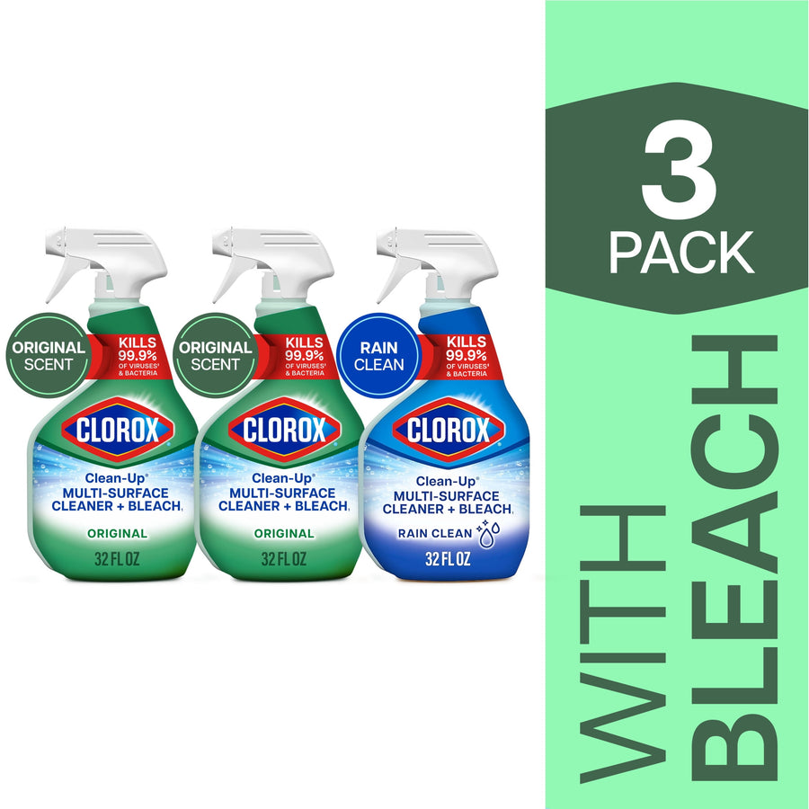 Three Clorox Clean-Up multi-surface spray bottles (two green original, one blue rain clean) with a green 3-pack banner at right.