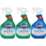 Three Clorox Clean-Up multi-surface cleaner spray bottles lined up, two original scent and one rain clean, on white background.