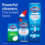 Clorox product lineup graphic with a toilet bowl cleaner bottle, tablet box and ToiletWand starter kit against blue background