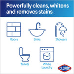 Infographic with headline 'Powerfully cleans, whitens and removes stains' and icons for floors, sinks, showers, toilets, white laundry.