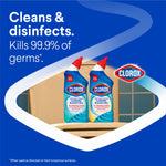 Blue promotional graphic with two Clorox Clinging Bleach Gel bottles and text 'Cleans & disinfects. Kills 99.9% of germs.'