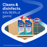Promotional graphic with two Clorox Clinging Bleach Gel bottles and headline stating it cleans and disinfects, kills 99.9% of germs