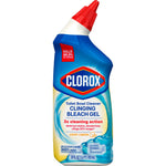 Front view of Clorox Clinging Bleach Gel toilet bowl cleaner bottle showing logo and product details