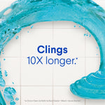 Blue gel splash graphic over tile background with text 'Clings 10X longer'