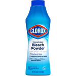 Single blue Clorox concentrated bleach powder bottle showing label text and Clorox logo on a white background.