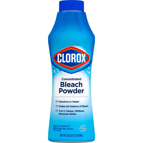Single blue Clorox concentrated bleach powder bottle showing label text and Clorox logo on a white background.