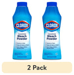 Two blue Clorox concentrated bleach powder bottles side by side with product label and '2 Pack' banner below.