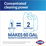 Graphic stating 'Concentrated cleaning power' with icon comparing one powder bottle to two bleach jugs and 'Makes 60 Gal' callout.