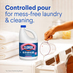 Clorox No-Splash Bleach bottle beside laundry drawer being filled, caption Controlled pour for mess-free laundry