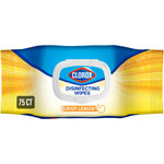 Packaged Clorox Disinfecting Wipes flex pack with crisp lemon branding and 75 CT label on yellow and blue wrapper.