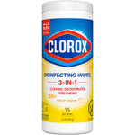 Clorox disinfecting wipes container showing label text '3-IN-1' and 'Crisp Lemon' on white background
