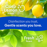 Bright infographic with lemons and leaves labeled 'Crisp Lemon scent' and message about gentle, trusted disinfection