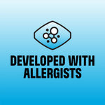 Blue gradient badge graphic reading 'Developed with allergists' with a molecule-style icon above the text.