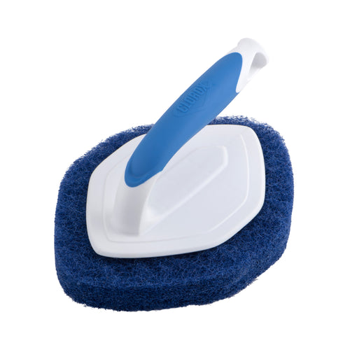 Blue-and-white Clorox handheld diamond-shaped scrubber with thick blue scouring pad, angled view