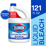 Clorox disinfecting bleach gallon with blue label and side panel reading 121 fl oz