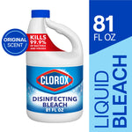 White gallon jug of Clorox disinfecting bleach with blue label and original scent badge, 81 fl oz callout on right panel.