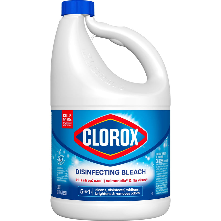 White gallon jug of Clorox disinfecting bleach with blue cap and brand label