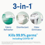 Informational graphic showing three circular images and text '3-in-1' describing fabric refresher, disinfectant, and odor eliminator