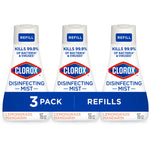 Three Clorox Disinfecting Mist refill bottles labeled Lemongrass Mandarin with a blue banner reading 3 pack refills