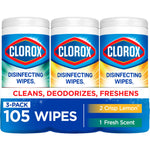 Three Clorox disinfecting wipes canisters in a packaged 3‑pack with bold logo and '105 wipes' label