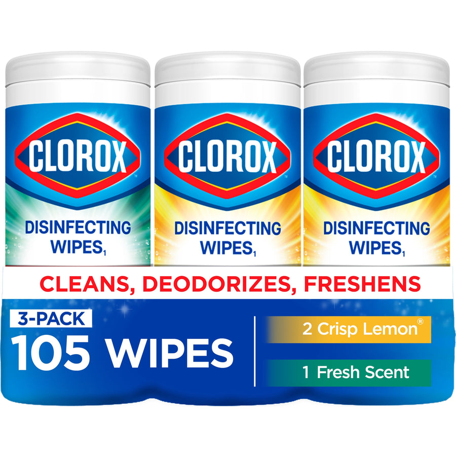 Three Clorox disinfecting wipes canisters in a packaged 3‑pack with bold logo and '105 wipes' label