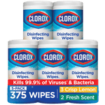 Five Clorox disinfecting wipes canisters stacked in a 3-over-2 arrangement with blue branding and 375 wipes callout