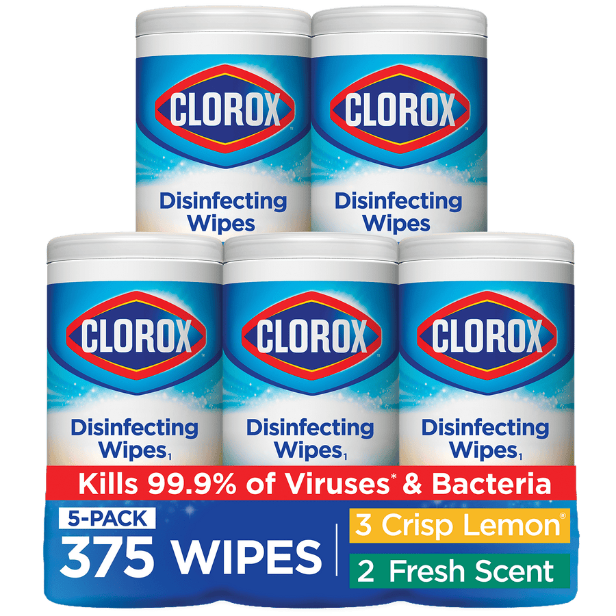 Five Clorox disinfecting wipes canisters stacked in a 3-over-2 arrangement with blue branding and 375 wipes callout