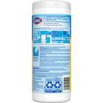 Back label of a Clorox disinfecting wipes canister showing usage icons, instructions and recycling symbols