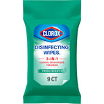 Close-up of a green Clorox Disinfecting Wipes to-go soft pack labeled fresh scent, 9 ct