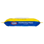 Side view of a Clorox Disinfecting Wipes yellow and blue soft pack with moisture-seal lid and Clorox logo visible.