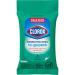 Front view of a green Clorox Disinfecting Wipes to-go pack showing brand logo and product claims