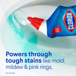 Clorox bottle dispensing teal gel into toilet bowl with text about powering through tough stains like mold and mildew