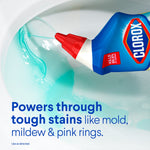 Clorox bottle dispensing turquoise gel into a toilet bowl with text about powering through tough stains