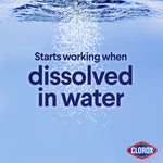 Underwater view with dissolving powder particles and large text 'Starts working when dissolved in water' plus Clorox logo.