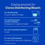 Dosing chart graphic listing amounts for disinfecting, sanitizing food contact surfaces, and washer use with simple icons.