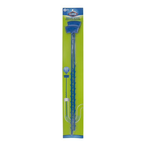 Clorox branded retail blister pack showing two long blue drain-cleaning sticks on a lime-green backing card.