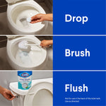 Three-panel instructional graphic showing dropping tablet, brushing bowl, and flushing with Clorox pouch on tank