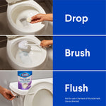 Three-panel instructional graphic showing dropping a tablet, brushing the bowl, and flushing with a Clorox pouch shown.